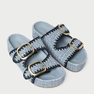 Loeffler Randall Light Blue Woven Double-Buckle Slide Sandals with Gold Buckles